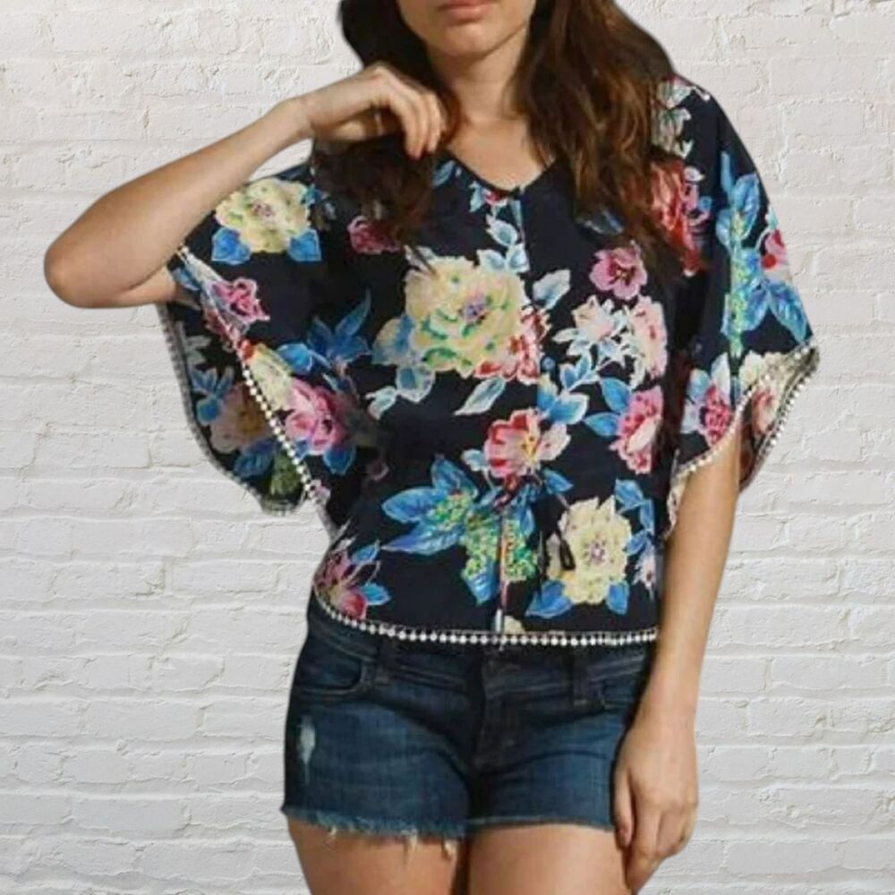 Yumi Kim Shacara 100% Silk Kimono Top  S Floral Multicolor Crochet Luxury Boho